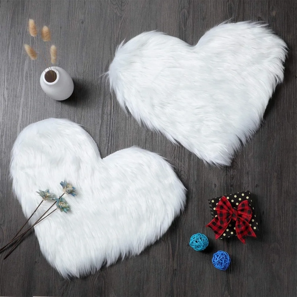 Fluffy Faux Heart Shaped Area Rug Fluffy Room Carpet White 2 Pieces - Picture 1 of 7